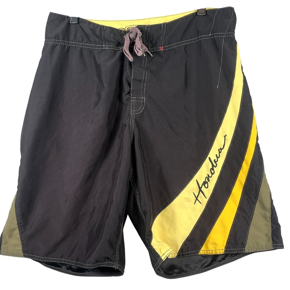 Honolua Surf Co Men 34 Board Shorts Black Yellow Surf Swim Trunks Zip Pocket Y2K